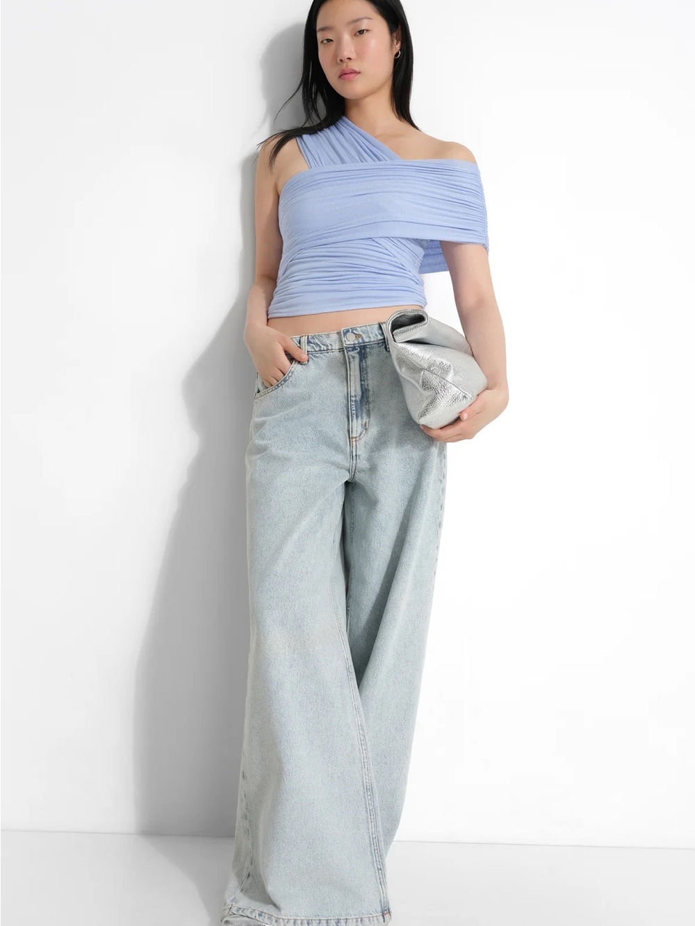 Marcella NYC - Alyssa Infinity Top - Assymetric One-Shoulder Ruched Ice Blue - Picture 4 of 7